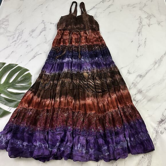 Kaaku Womens Vintage 90s Boho Festival Midi Dress Size M Purple Brown Tie Dye - Picture 6 of 10